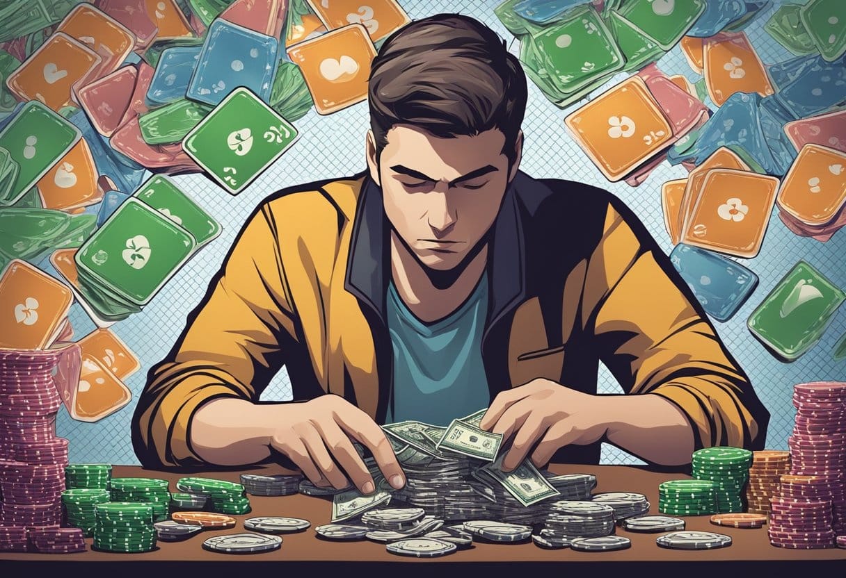 A poker player managing chips, deep in thought, surrounded by cards and money, with a focus on controlling emotions