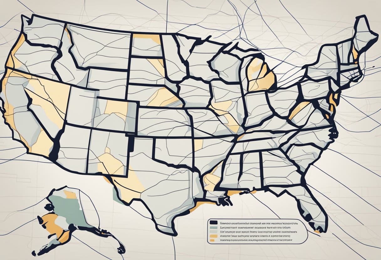 Multiple states' outlines overlap on a map of the US, with lines connecting them to indicate the expansion of interstate compacts for online poker in 2025