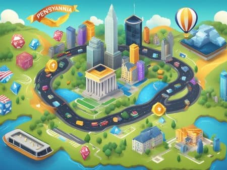 A colorful, whimsical map of Pennsylvania showcases industry growth with a vibrant city skyline, winding road with cars, river, ferry, hot air balloon, dice, and iconic buildings—all in a lively cartoon-like style.
