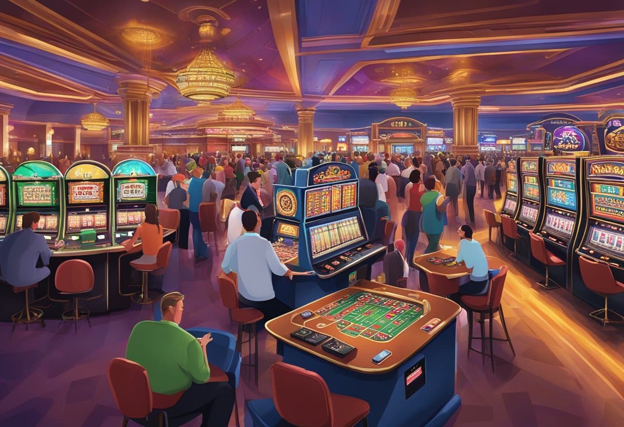 A bustling casino floor in Pennsylvania with colorful slot machines and gaming tables, surrounded by excited patrons and flashing lights