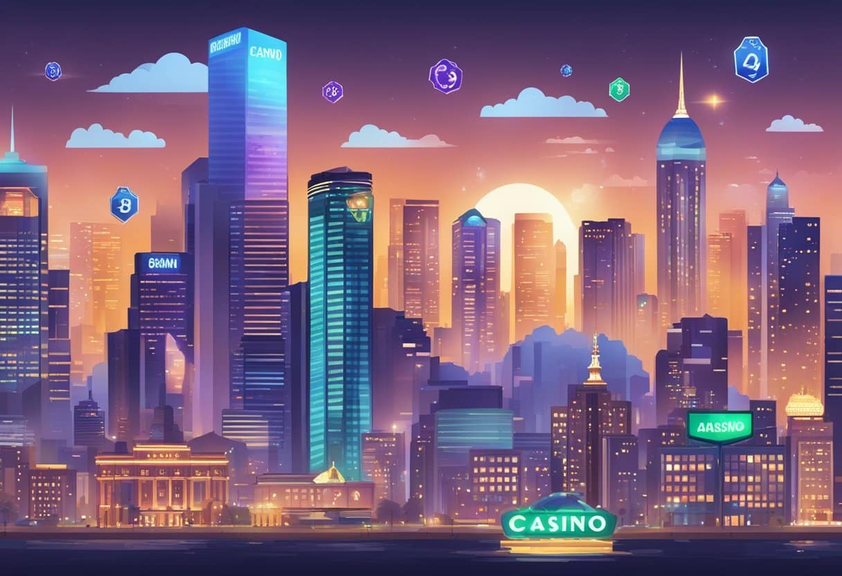 A bustling city skyline with digital casino signs and symbols, surrounded by charts and graphs showing Pennsylvania's dominance in the iGaming market