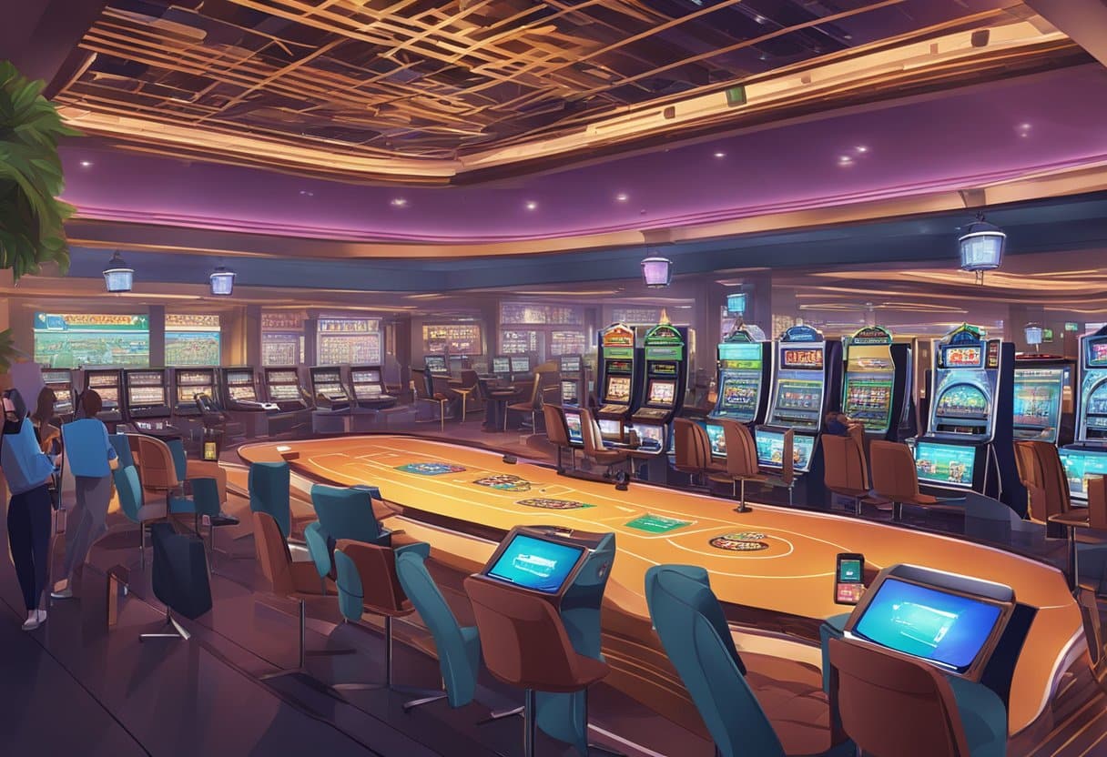 A bustling casino floor with digital gaming machines and interactive screens, surrounded by regulatory documents and compliance posters