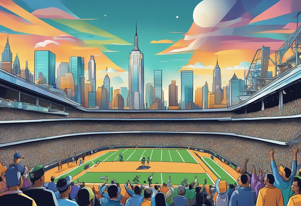 A bustling New York City skyline with a sports stadium in the foreground, surrounded by excited bettors and operators