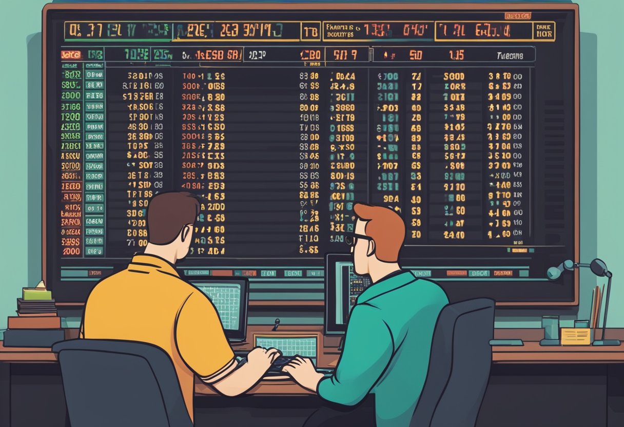 A sportsbook operator calculating tax percentages while a bettor anxiously watches the odds board