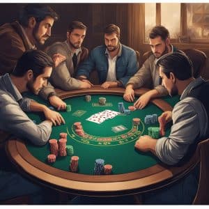 A group of poker players huddled around a table, intensely focused on their cards and chips, with a tense atmosphere of competition