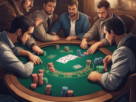 Five men are seated around a green poker table, focused on playing cards and discussing Texas Holdem strategy. Poker chips are stacked in front of each player. The room is warmly lit, creating an intense and serious atmosphere.