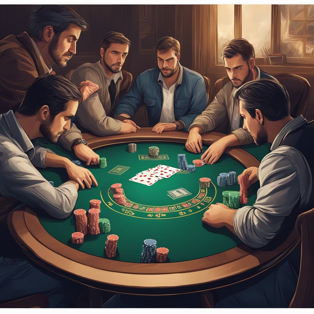 Five men are seated around a green poker table, focused on playing cards and discussing Texas Holdem strategy. Poker chips are stacked in front of each player. The room is warmly lit, creating an intense and serious atmosphere. - Poker Training Videos and Poker Coaching Five men are seated around a green poker table, focused on playing cards and discussing Texas Holdem strategy. Poker chips are stacked in front of each player. The room is warmly lit, creating an intense and serious atmosphere.