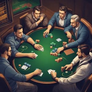 A tense poker table with intense focus and strategic thinking, players calculating their next moves with a competitive edge