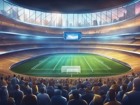 A large soccer stadium filled with cheering fans, brightly lit under a modern glass roof, features a green field and scoreboard above—setting the energetic stage for the 2025-2026 season. A city skyline gleams through the windows.