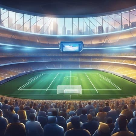 A large soccer stadium filled with cheering fans, brightly lit under a modern glass roof, features a green field and scoreboard above—setting the energetic stage for the 2025-2026 season. A city skyline gleams through the windows.