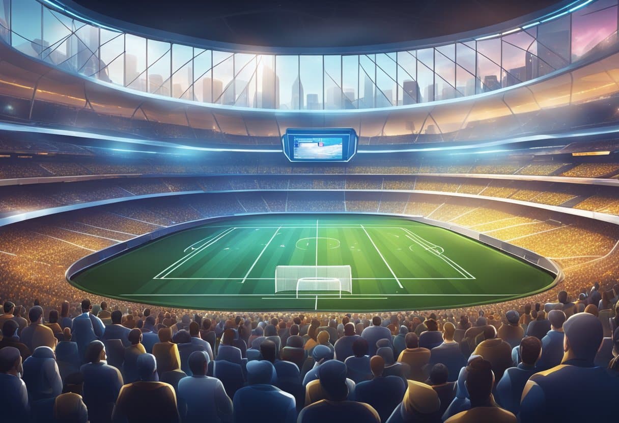 A futuristic sports stadium with digital screens displaying odds and statistics, surrounded by a bustling cityscape