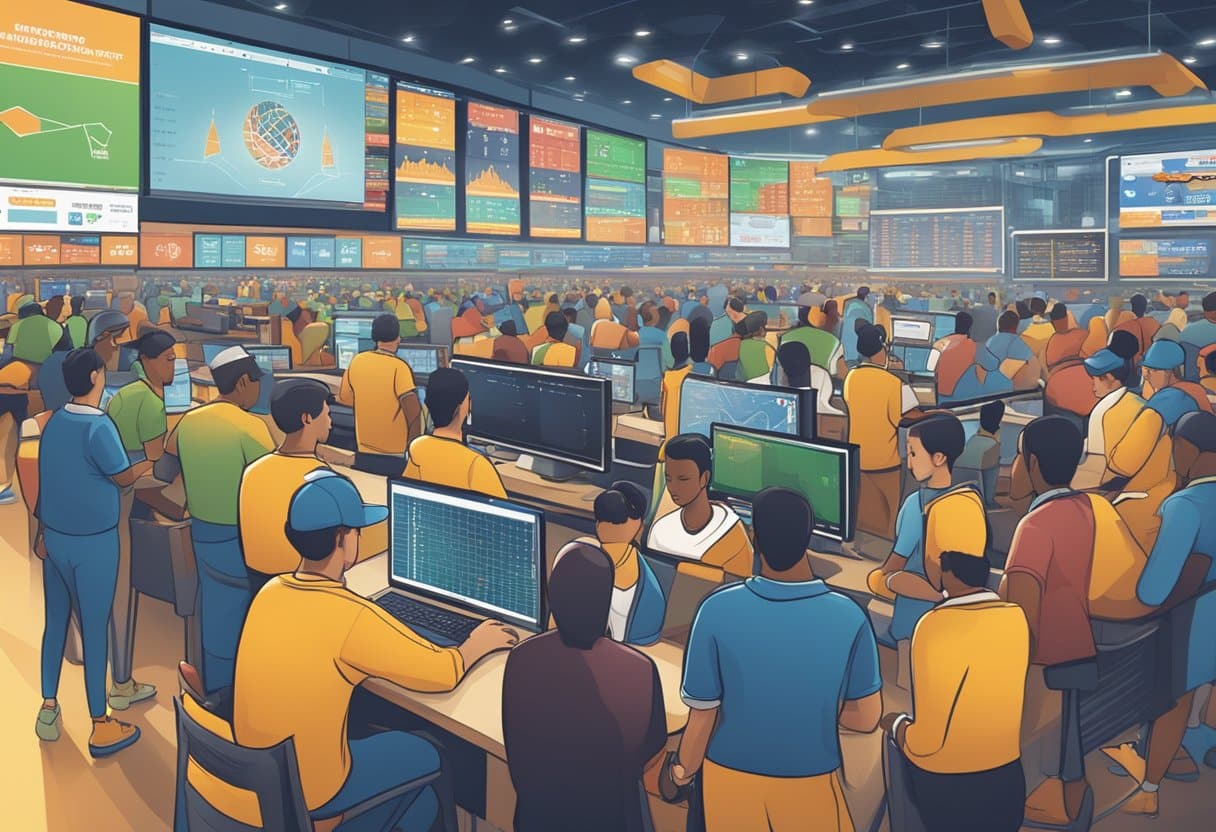 A bustling market with sports imagery, digital devices, and financial charts, reflecting the growth and impact of online sports betting in Ontario
