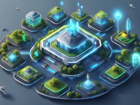 A futuristic, floating city island with glowing blue and green buildings, lush greenery, digital towers, and flying vehicles glows in a calm water background—imagining 2025’s advanced world of iGaming security tools in a sci-fi cyberpunk art style.