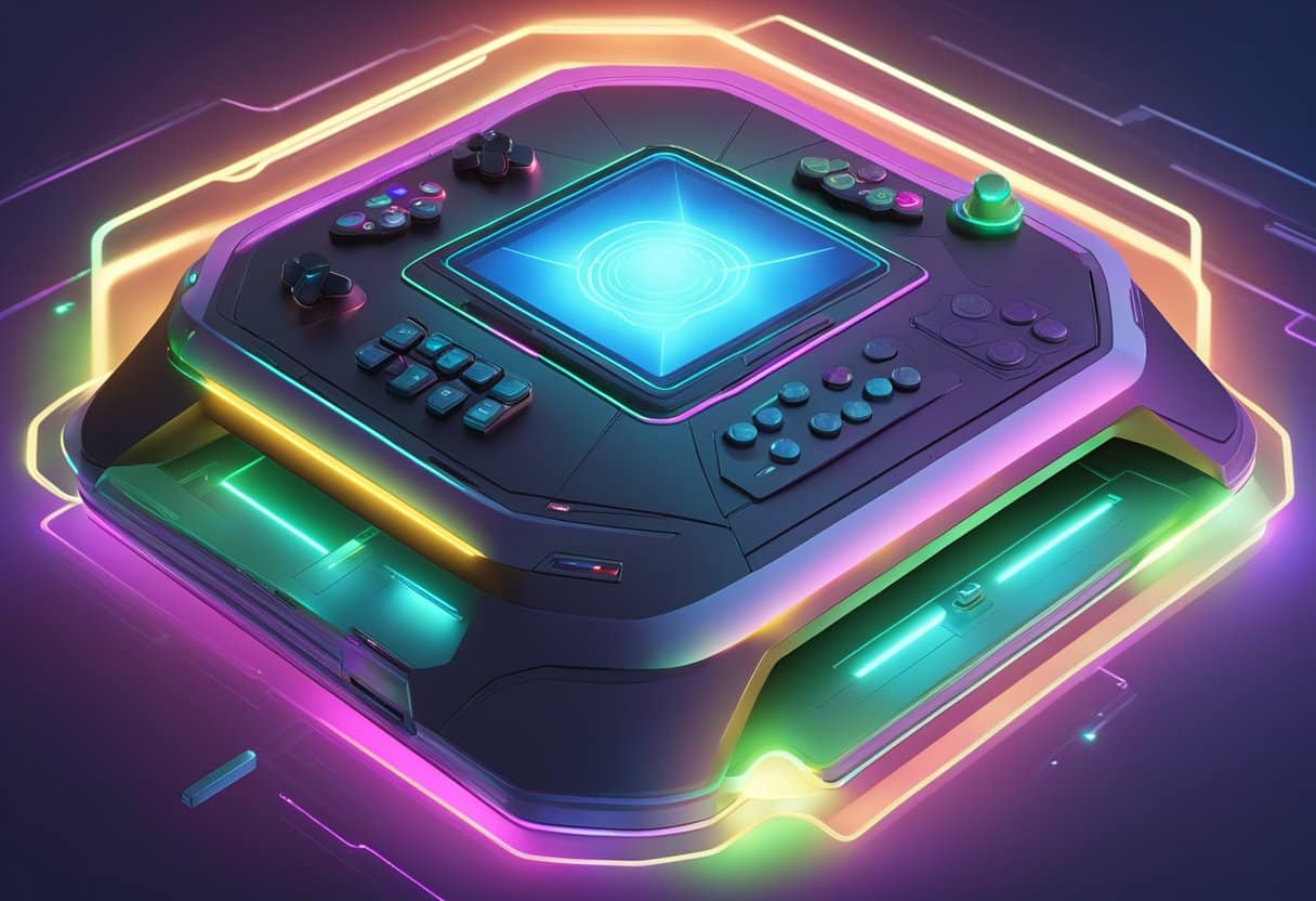A futuristic gaming console surrounded by a glowing force field, guarded by a virtual security system with digital locks and shields