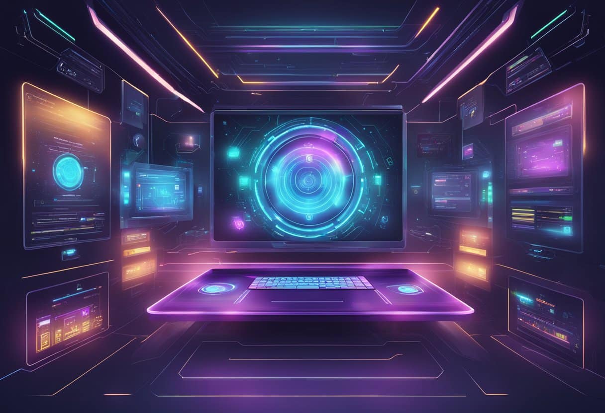 A futuristic gaming interface with holographic security tools and advanced technologies