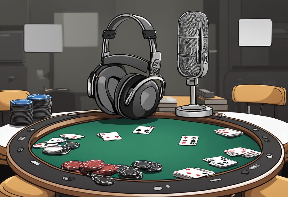 A poker table with playing cards, poker chips, a pair of large headphones, and a vintage microphone set up in a room—perfect for Poker Podcasts or expert strategy discussions, with chairs and blurred background objects completing the scene. - Poker Training Videos and Poker Coaching A poker table with chips, cards, and headphones on a podcast player, surrounded by a microphone and recording equipment