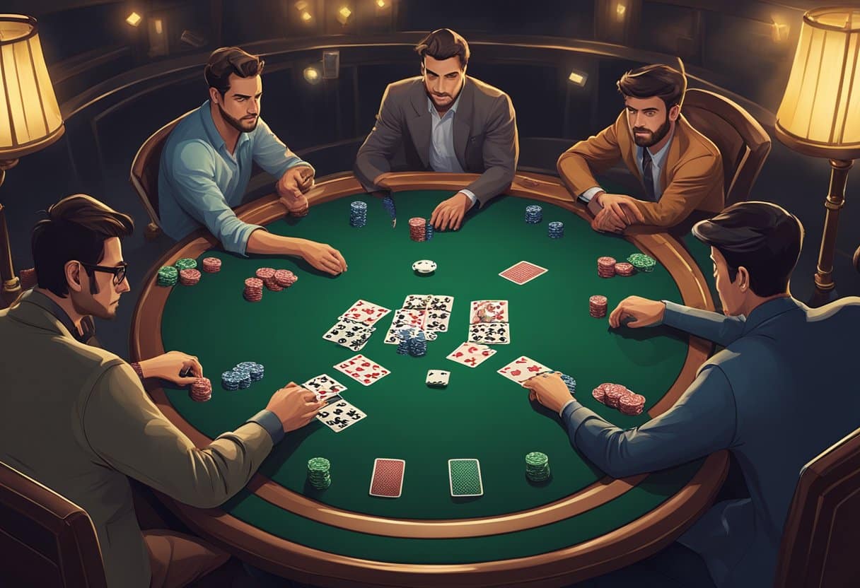 Five men in suits are seated around a green poker table, intensely focused on cards and poker chips as they discuss Poker Strategy. The well-lit table features playing cards spread in the center, creating an atmosphere fit for expert game analysis. - Poker Training Videos and Poker Coaching A dimly lit poker table with cards and chips, surrounded by intense players with focused expressions
