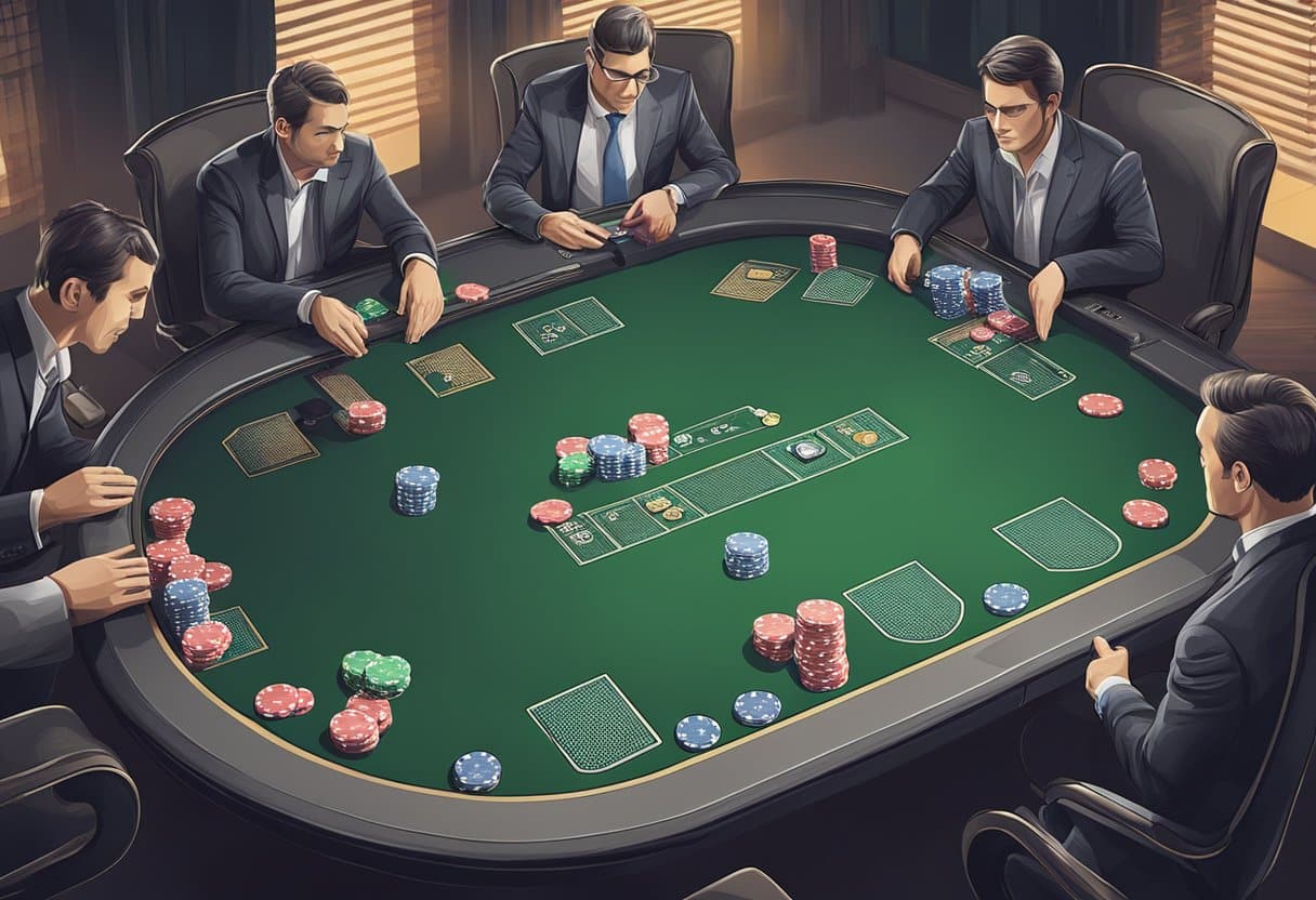 Five men in suits sit around a green oval poker table, focusing on the game. Stacks of poker chips hint at varying stack sizes as they carefully consider their next move, each applying sharp poker strategy under warm indoor lighting. - Poker Training Videos and Poker Coaching A poker table with varying chip stacks, players adjusting their strategies accordingly