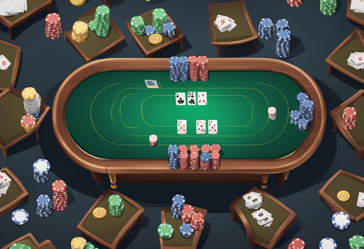 A poker table with varying chip stacks, players strategizing with different stack sizes