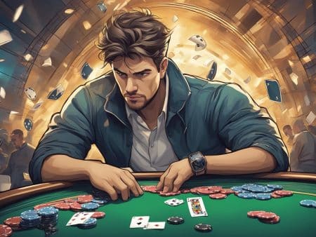 A focused man sits at a casino poker table, arranging chips and cards. Playing cards and poker chips fly around him with a golden, illuminated background, while he masters the psychology of poker as others watch in the distance.