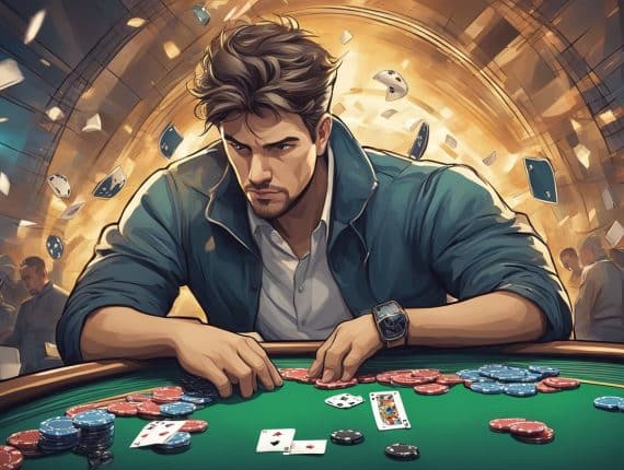 A focused man sits at a casino poker table, arranging chips and cards. Playing cards and poker chips fly around him with a golden, illuminated background, while he masters the psychology of poker as others watch in the distance.
