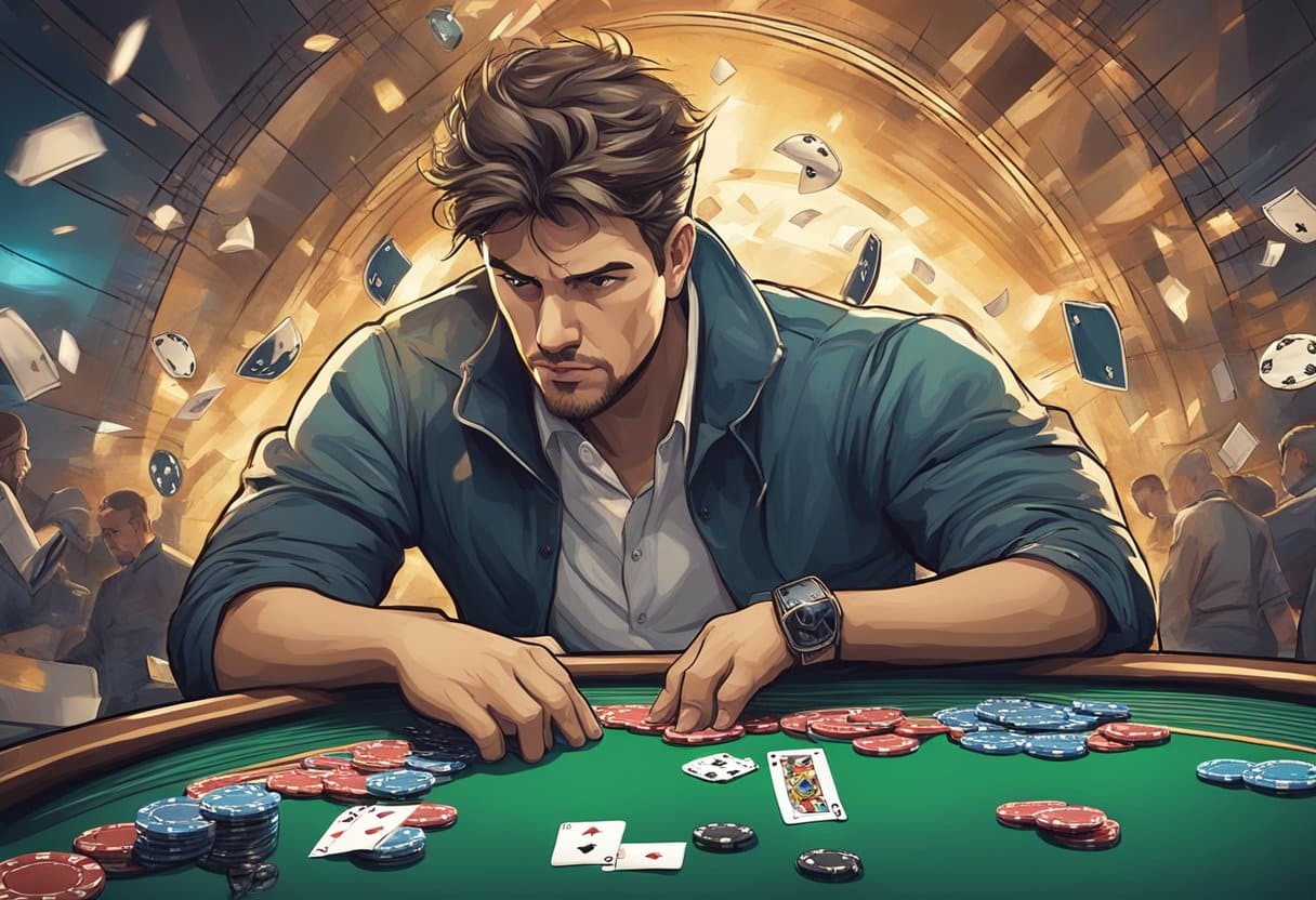 A poker player with a calm expression surrounded by a chaotic environment, representing the inner battle to control emotions and avoid tilt