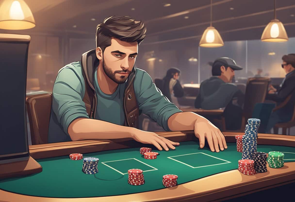 A poker table with chips scattered, a player's frustrated expression, and a calm opponent observing
