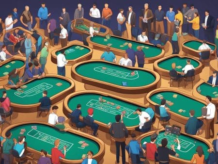 A busy casino scene with many green card tables, each surrounded by people playing various games. Dealers manage the tables while players place bets, echoing the energetic vibe of the European Poker Tour 2025 with new stops and increased guarantees.