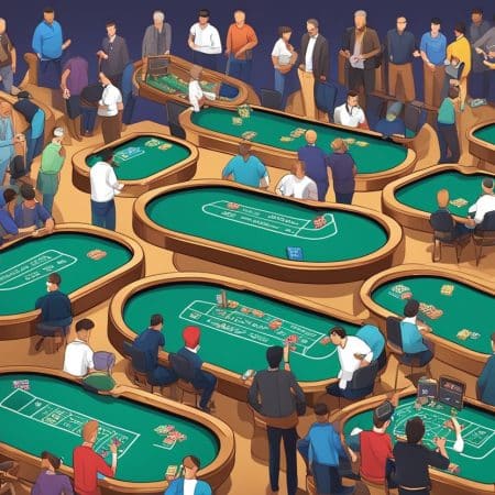 A busy casino scene with many green card tables, each surrounded by people playing various games. Dealers manage the tables while players place bets, echoing the energetic vibe of the European Poker Tour 2025 with new stops and increased guarantees.