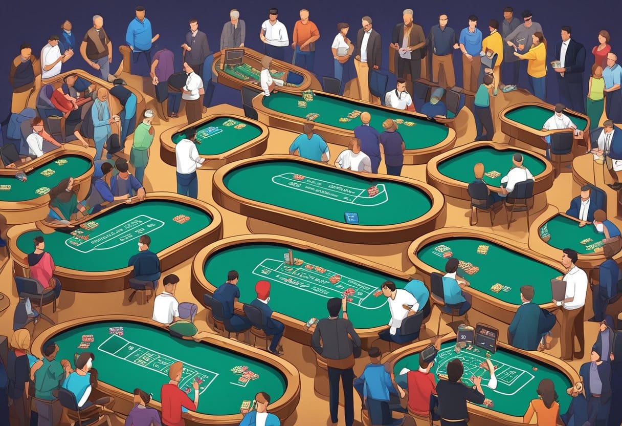 A busy casino scene with many green card tables, each surrounded by people playing various games. Dealers manage the tables while players place bets, echoing the energetic vibe of the European Poker Tour 2025 with new stops and increased guarantees. - Poker Training Videos and Poker Coaching A crowded casino floor with colorful poker tables and players. Banners announce new EPT stops and increased prize guarantees for 2025