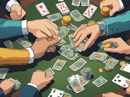 Several hands gather around a green poker table with scattered playing cards, stacks of cash, and gold coins, showcasing a lively game where strategic thinking and poker skills are essential.