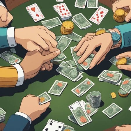 Several hands gather around a green poker table with scattered playing cards, stacks of cash, and gold coins, showcasing a lively game where strategic thinking and poker skills are essential.