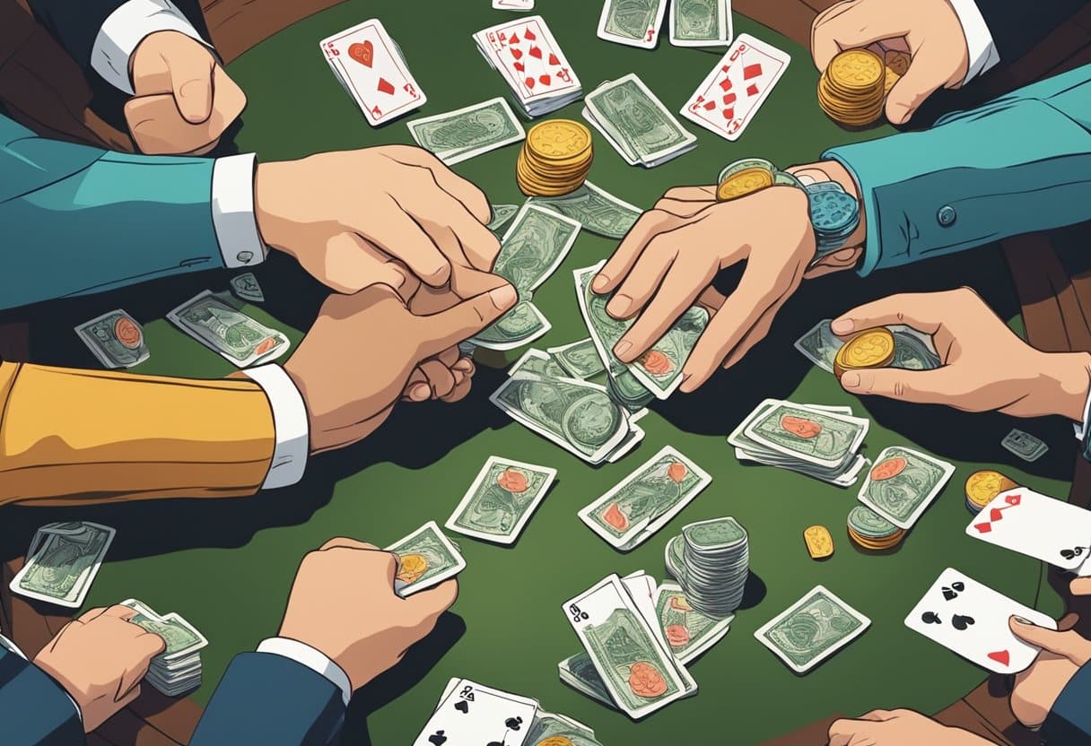 Several hands gather around a green poker table with scattered playing cards, stacks of cash, and gold coins, showcasing a lively game where strategic thinking and poker skills are essential. - Poker Training Videos and Poker Coaching A group of people seated around a table, each holding a hand of cards. Money and chips are stacked in the middle, creating a tense and competitive atmosphere