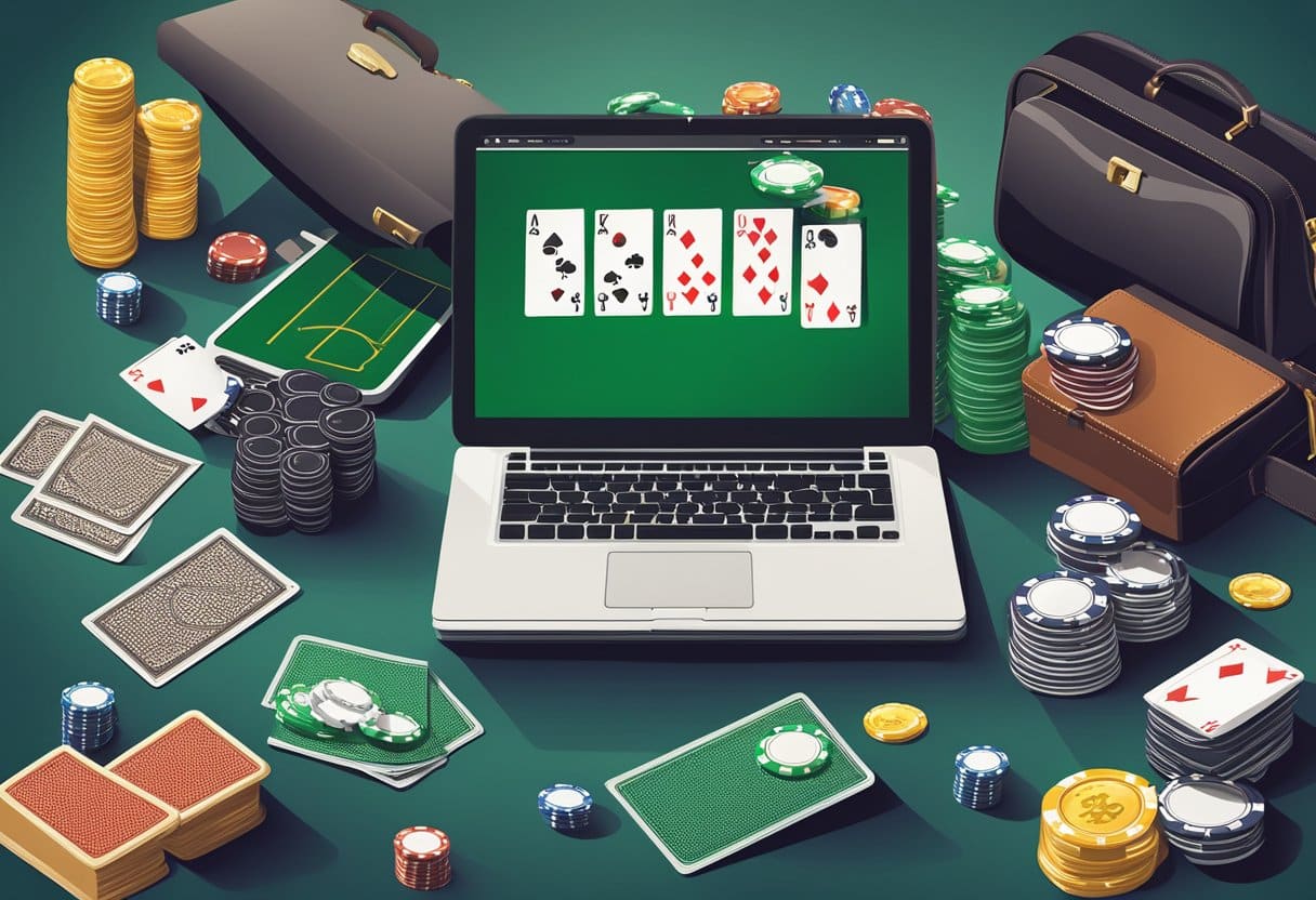 A poker table with chips and cards, surrounded by business-related items like a laptop, briefcase, and financial charts