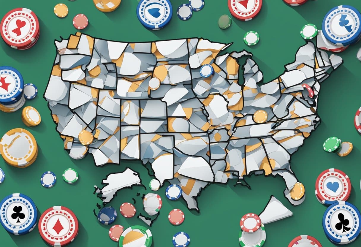 An illustration of the United States map divided into states, made of broken ceramic pieces, surrounded by colorful poker chips on a green surface—symbolizing US Online Poker and the evolving landscape of Interstate Compacts in 2025. - Poker Training Videos and Poker Coaching A group of interconnected US states with poker chips and playing cards symbolizing the expansion of interstate compacts for online poker in 2025