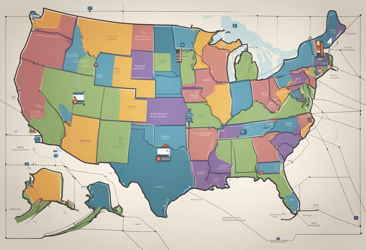 A digital map of the United States with highlighted states connected by lines, representing the expansion of interstate compacts for online poker in 2025