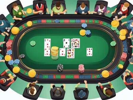 A group of people sits around a poker table, playing live poker, with chips and cards visible. Viewed from above, the lively casino game atmosphere highlights different player types focused on reading opponents moves.