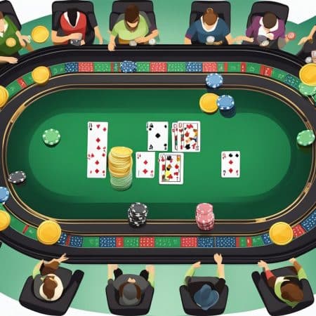 A group of people sits around a poker table, playing live poker, with chips and cards visible. Viewed from above, the lively casino game atmosphere highlights different player types focused on reading opponents moves.