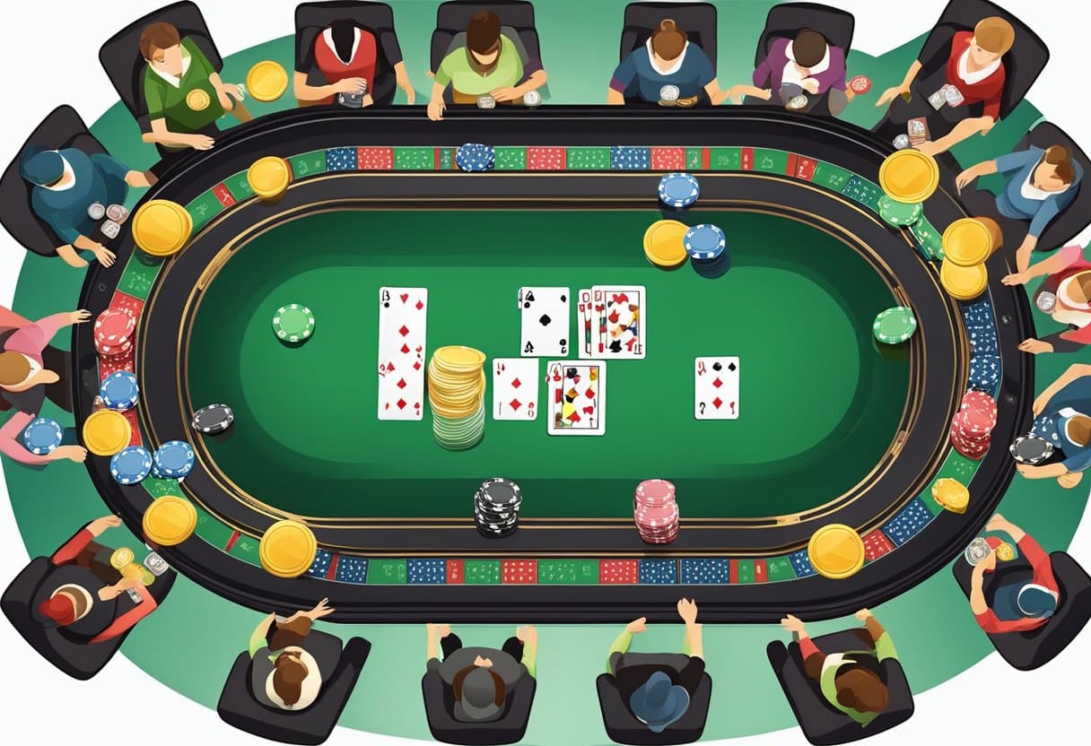 A group of people sits around a poker table, playing live poker, with chips and cards visible. Viewed from above, the lively casino game atmosphere highlights different player types focused on reading opponents moves. - Poker Training Videos and Poker Coaching A poker table with various chips, cards, and players of different styles and strategies