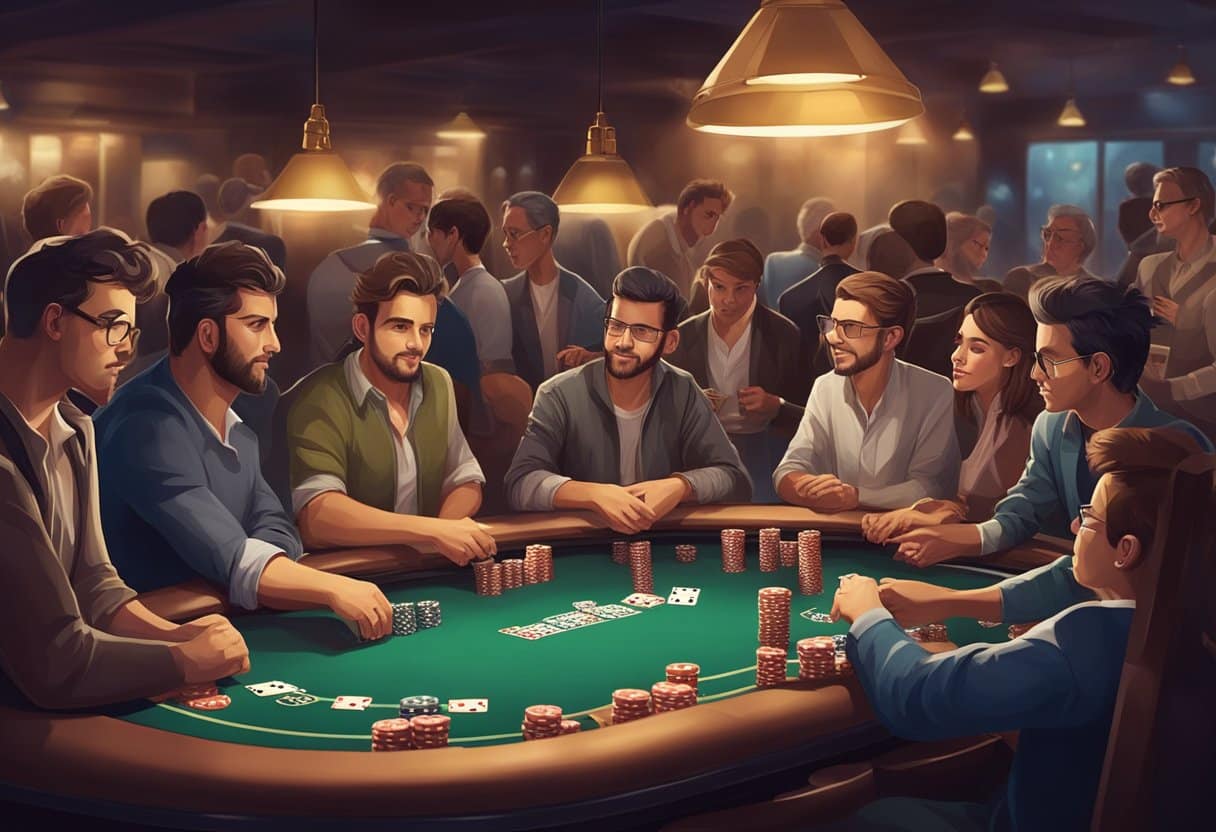 A crowded poker table with players of different ages and styles, surrounded by dimly lit casino ambiance
