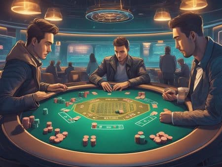 Three men sit around a casino poker table with chips and cards, each deep in thought as they hone their poker strategy. The background reveals more players and digital screens, all under warm ambient lighting.
