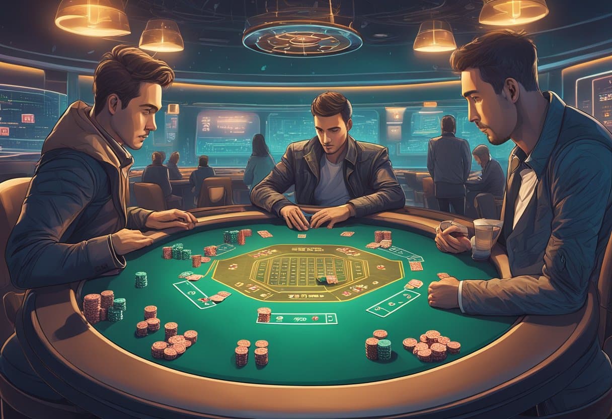Three men sit around a casino poker table with chips and cards, each deep in thought as they hone their poker strategy. The background reveals more players and digital screens, all under warm ambient lighting. - Poker Training Videos and Poker Coaching A futuristic poker table with AI algorithms calculating probabilities, while players strategize with intense focus and anticipation
