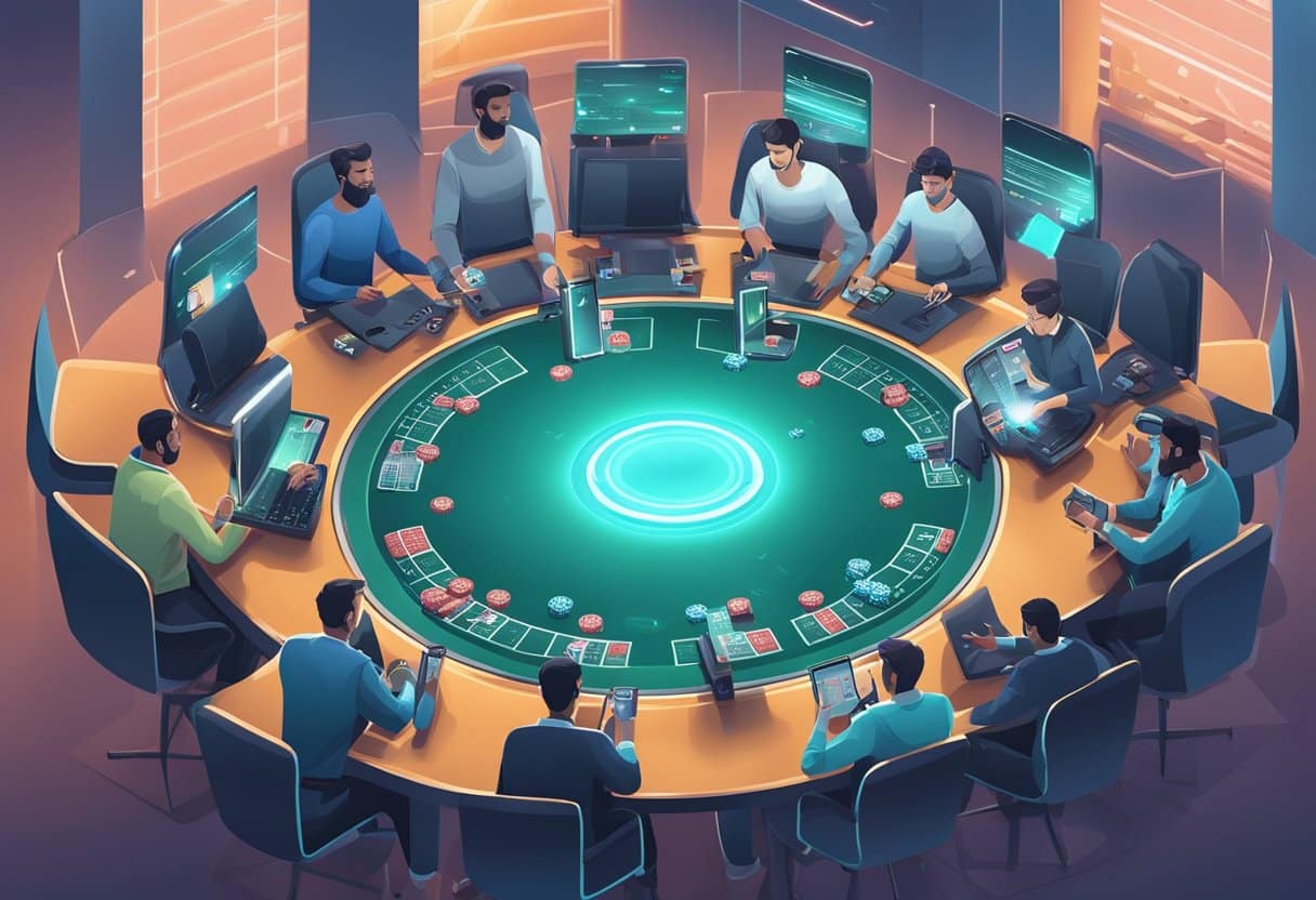 A group of people sit around a large round casino table playing cards and using electronic devices, exploring AI in poker with digital screens and chips on the table, in a modern, illuminated room that reflects an evolving game. - Poker Training Videos and Poker Coaching A digital poker table with AI opponents, surrounded by futuristic technology and players strategizing on their devices