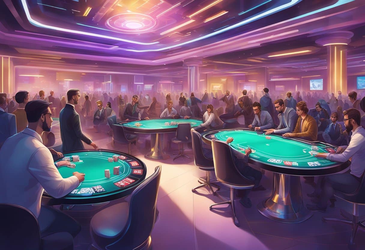 People sit and play cards at green poker tables in a lively, modern casino with neon lights, as the excitement of World Poker Tour tournament structures fills the busy background packed with patrons and gambling activities. - Poker Training Videos and Poker Coaching A futuristic poker tournament with holographic tables and advanced technology, surrounded by a bustling crowd in a sleek, modern venue