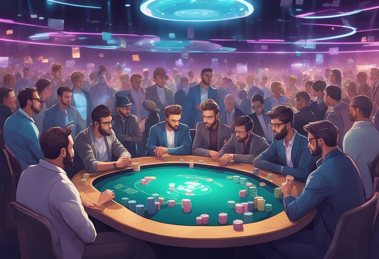 A futuristic poker tournament with holographic tables and advanced AI dealers, surrounded by a crowd of enthusiastic spectators