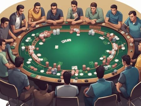 A group of men sit around a green poker table, playing cards and stacking poker chips. The crowded table suggests an intense 8-Game Poker session where mastering mixed games and smart poker strategy is key to victory.