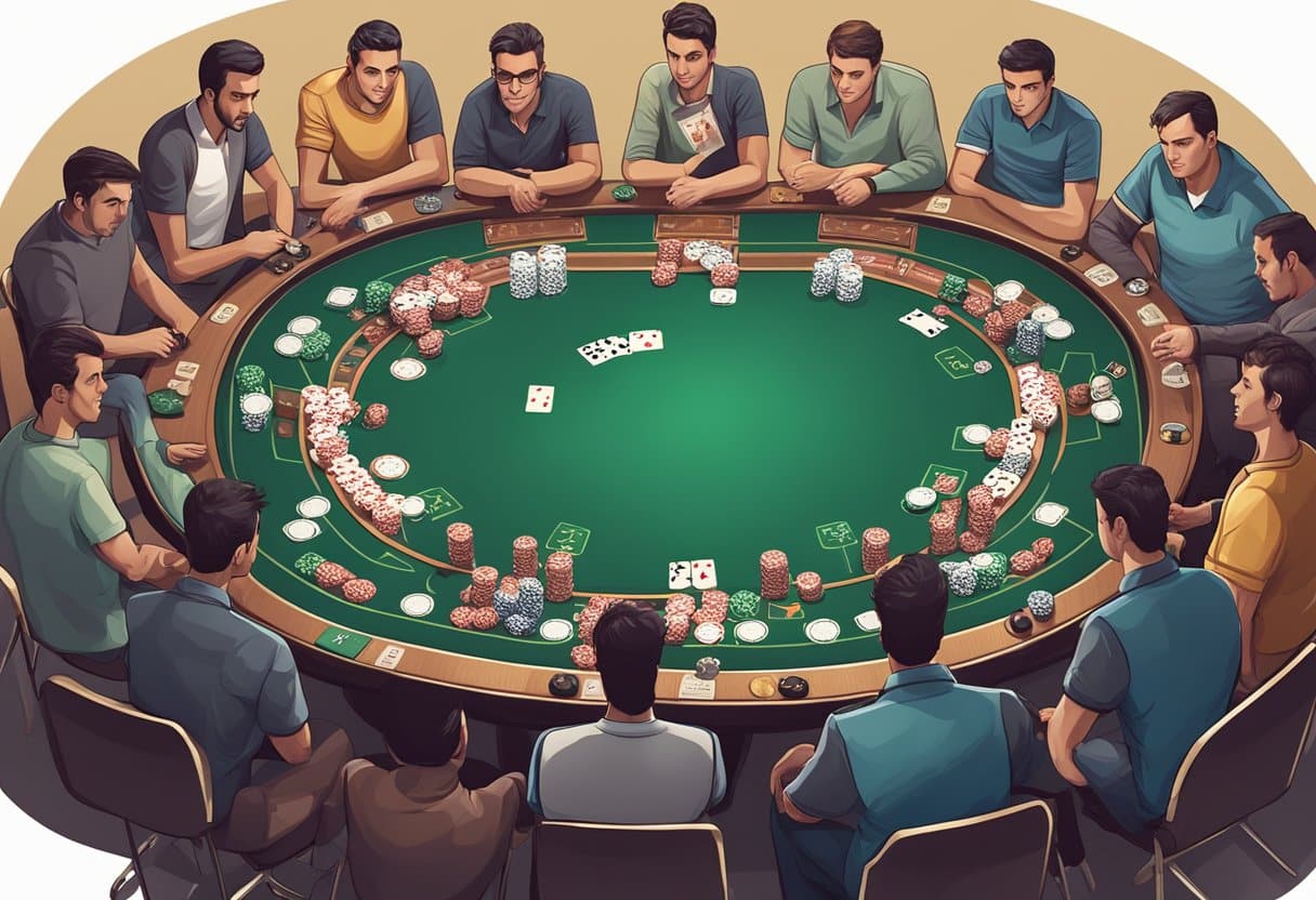 A group of men sit around a green poker table, playing cards and stacking poker chips. The crowded table suggests an intense 8-Game Poker session where mastering mixed games and smart poker strategy is key to victory. - Poker Training Videos and Poker Coaching A poker table with chips, cards, and various game names displayed, surrounded by players with focused expressions