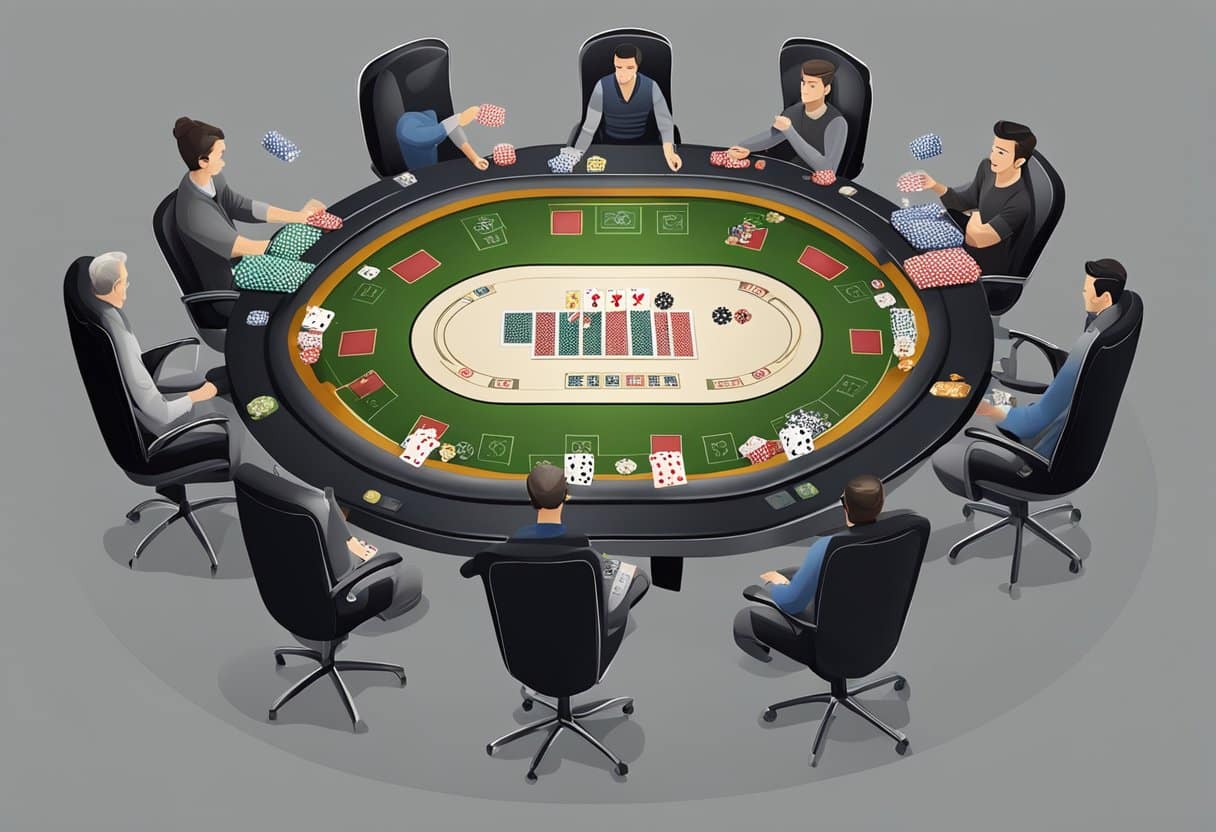 A poker table surrounded by players with a variety of chips and cards, with different game variations displayed on the table felt