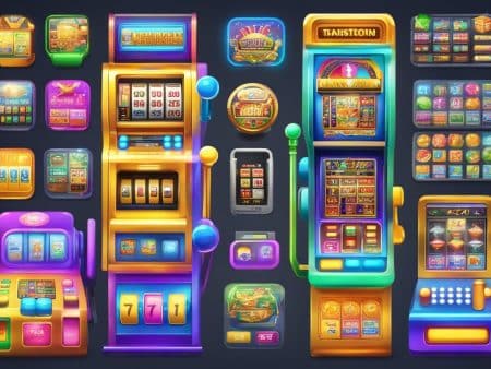A colorful assortment of slots, both digital and classic, features bright lights, vibrant graphics, screens, reels, buttons, and symbols—all displayed against a dark background.