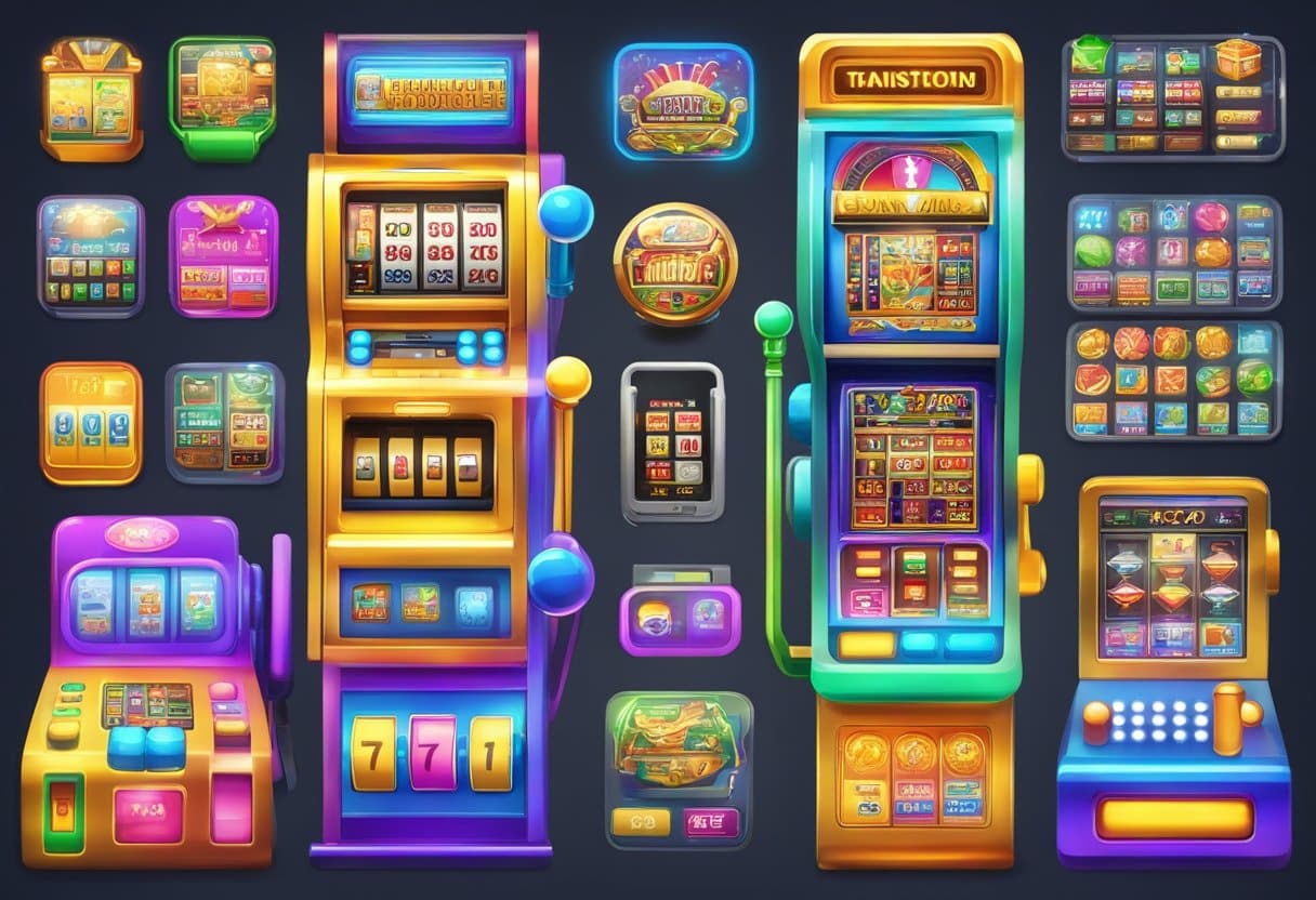 A colorful assortment of slots, both digital and classic, features bright lights, vibrant graphics, screens, reels, buttons, and symbols—all displayed against a dark background. - Poker Training Videos and Poker Coaching A colorful array of slot machines transitions into a sleek smartphone displaying various online gambling apps